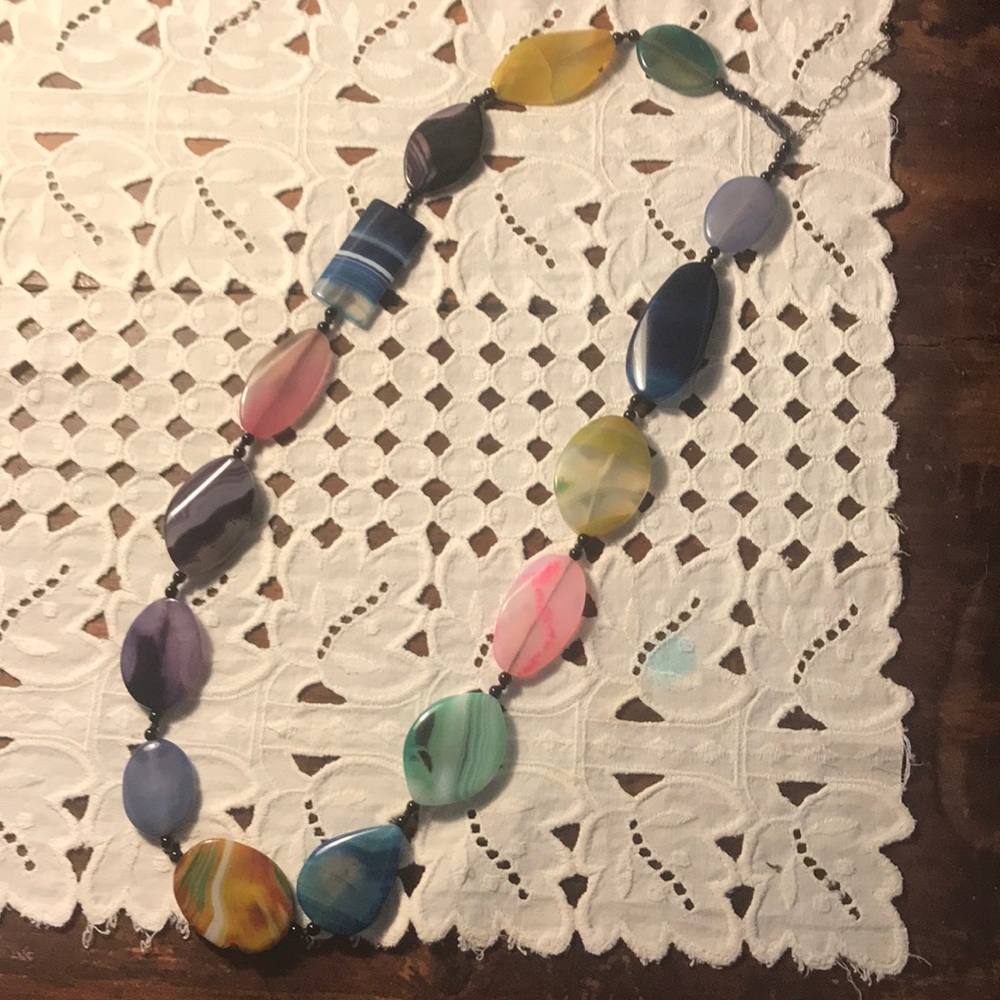 Multi-color stone necklace; 28” with 2” extender